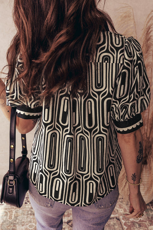 Geometric Print Scallop Trim Puff Sleeve Blouse