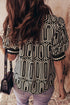 Geometric Print Scallop Trim Puff Sleeve Blouse