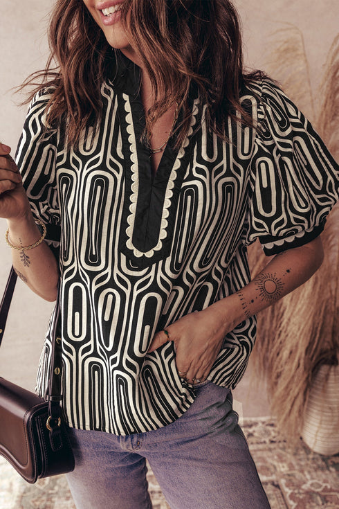 Geometric Print Scallop Trim Puff Sleeve Blouse