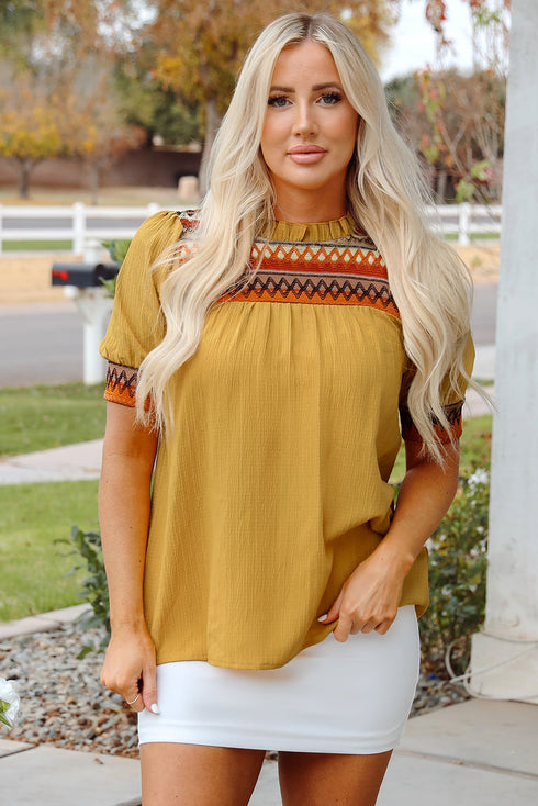 Geometric Print Short Puff Sleeve Frilled Collar Woven Blouse