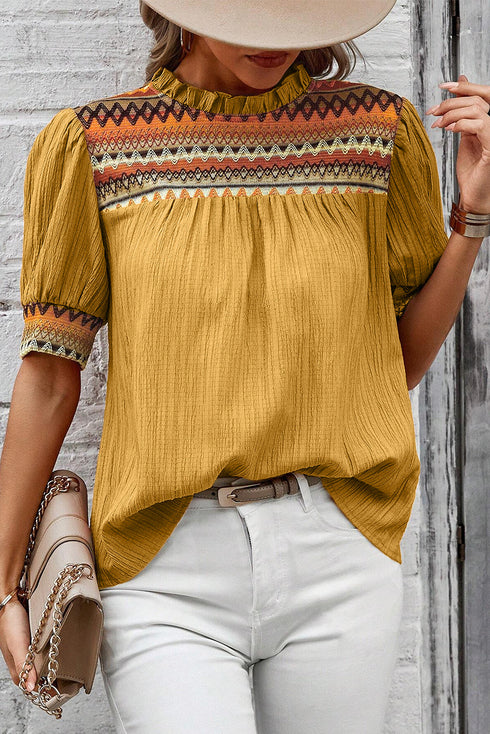 Geometric Print Short Puff Sleeve Frilled Collar Woven Blouse