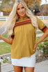 Geometric Print Short Puff Sleeve Frilled Collar Woven Blouse