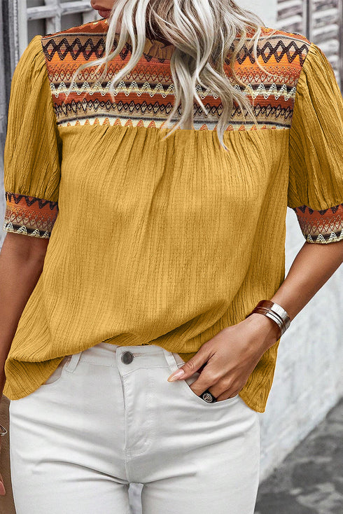 Geometric Print Short Puff Sleeve Frilled Collar Woven Blouse