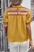 Geometric Print Short Puff Sleeve Frilled Collar Woven Blouse