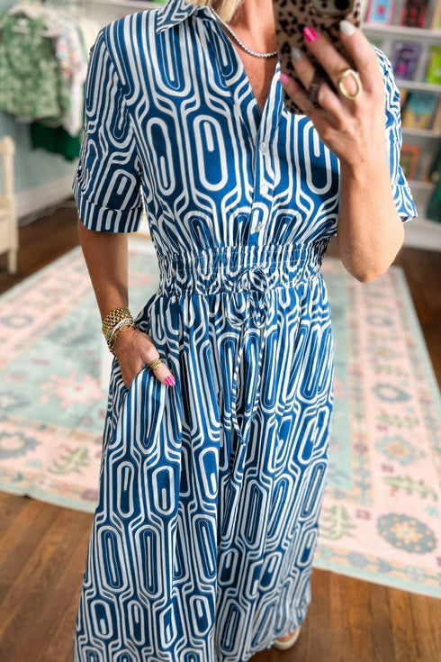 Geometric Print Short Sleeve Drawstring Shirt Collar Maxi Dress