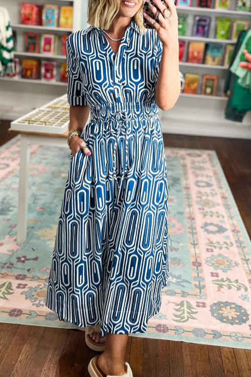 Geometric Print Short Sleeve Drawstring Shirt Collar Maxi Dress
