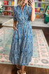 Geometric Print Short Sleeve Drawstring Shirt Collar Maxi Dress
