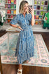 Geometric Print Short Sleeve Drawstring Shirt Collar Maxi Dress