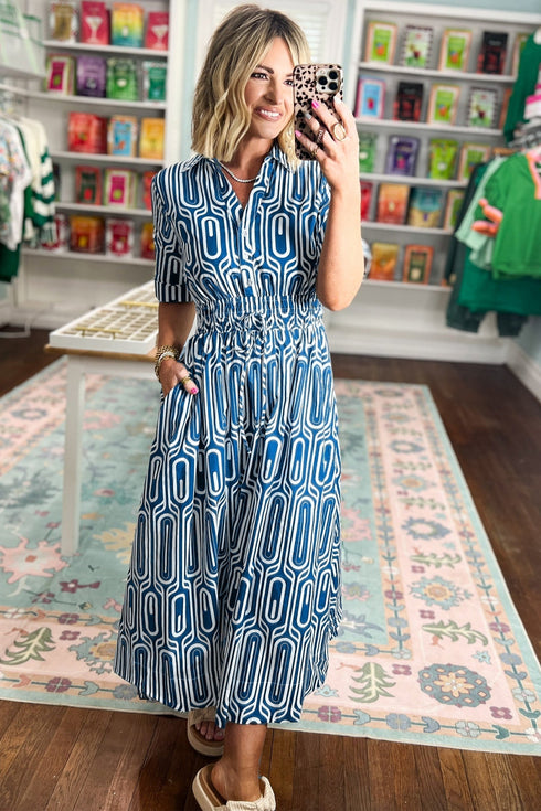 Geometric Print Short Sleeve Drawstring Shirt Collar Maxi Dress