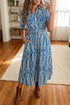 Geometric Print Short Sleeve Drawstring Shirt Collar Maxi Dress