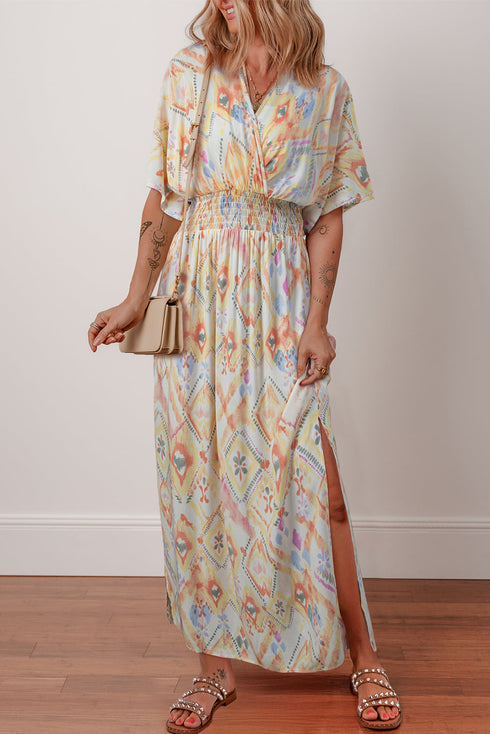 Geometric Print Smocked Half Sleeve A Line Maxi Dress