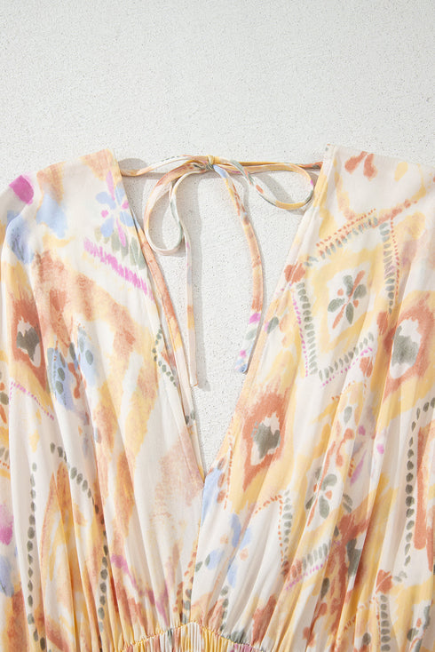 Geometric Print Smocked Half Sleeve A Line Maxi Dress