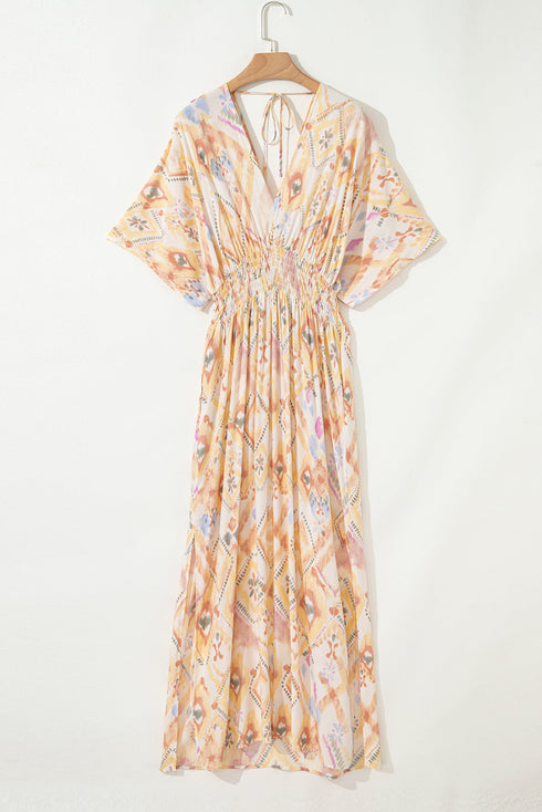 Geometric Print Smocked Half Sleeve A Line Maxi Dress