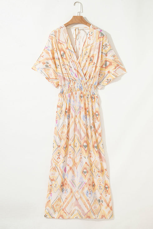 Geometric Print Smocked Half Sleeve A Line Maxi Dress