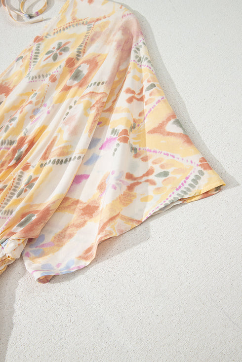 Geometric Print Smocked Half Sleeve A Line Maxi Dress