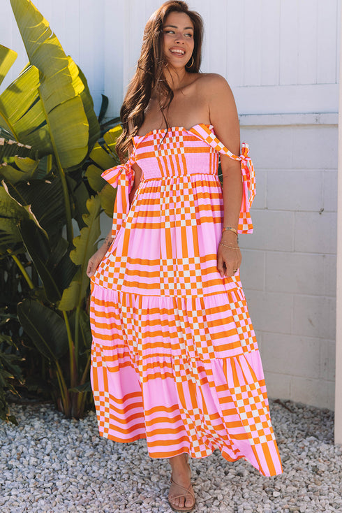Geometric Print Smocked Tie Strap Tiered Maxi Dress