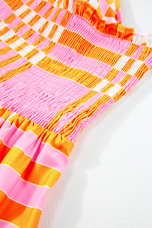 Geometric Print Smocked Tie Strap Tiered Maxi Dress