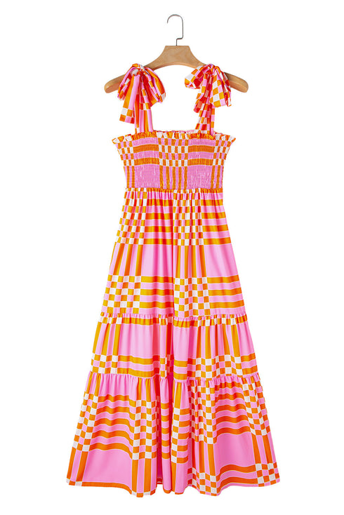 Geometric Print Smocked Tie Strap Tiered Maxi Dress