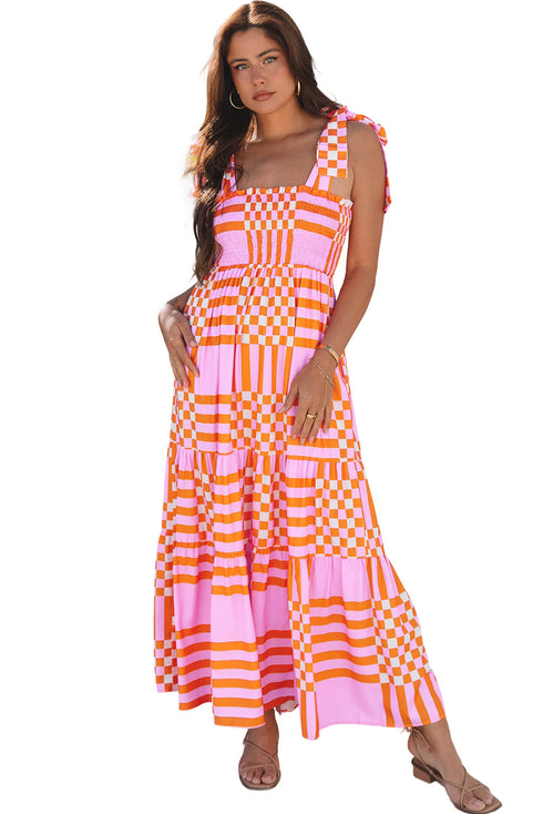 Geometric Print Smocked Tie Strap Tiered Maxi Dress