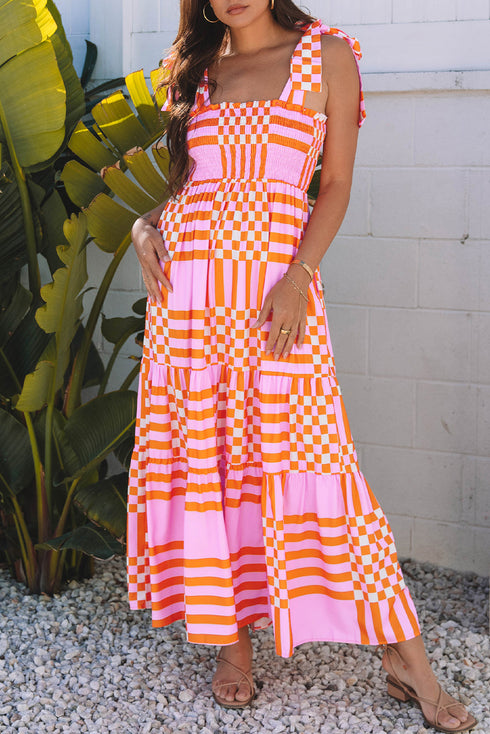 Geometric Print Smocked Tie Strap Tiered Maxi Dress