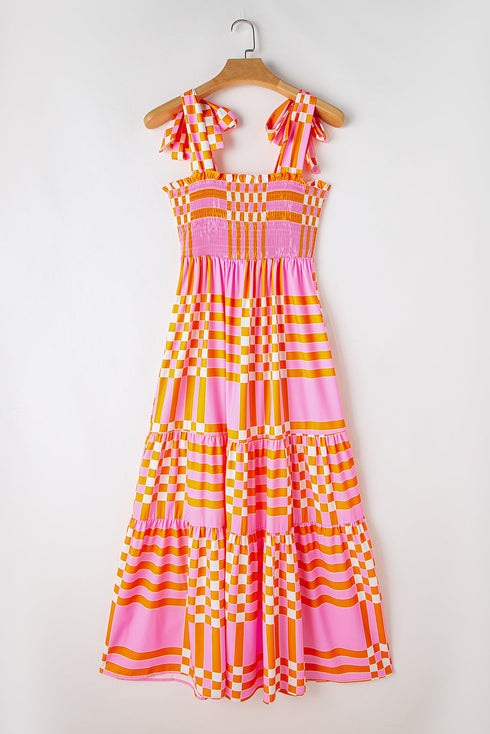 Geometric Print Smocked Tie Strap Tiered Maxi Dress