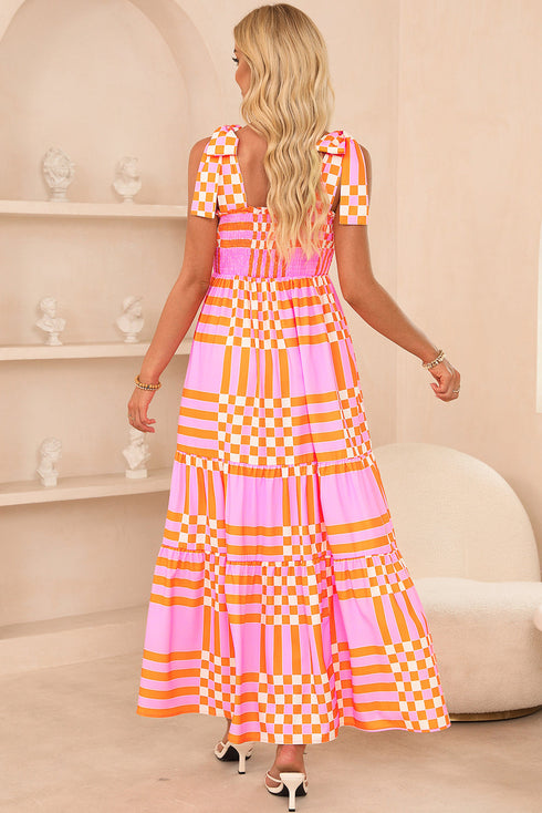 Geometric Print Smocked Tie Strap Tiered Maxi Dress