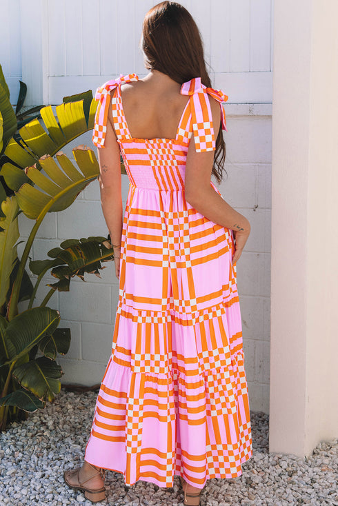 Geometric Print Smocked Tie Strap Tiered Maxi Dress