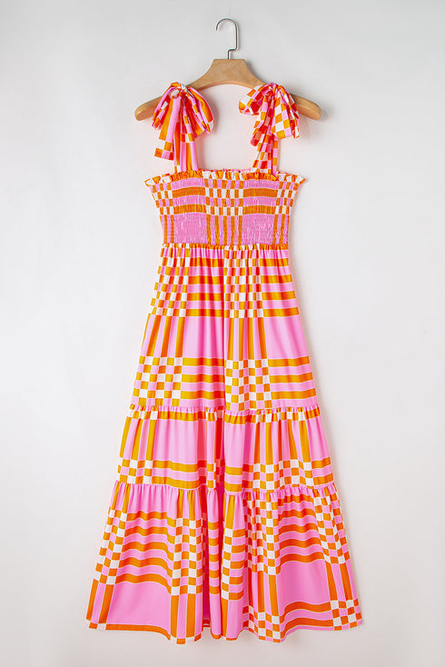 Geometric Print Smocked Tie Strap Tiered Maxi Dress