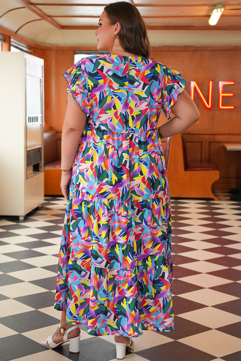 Geometric Print Tiered Ruffled Short Sleeve Maxi Dress