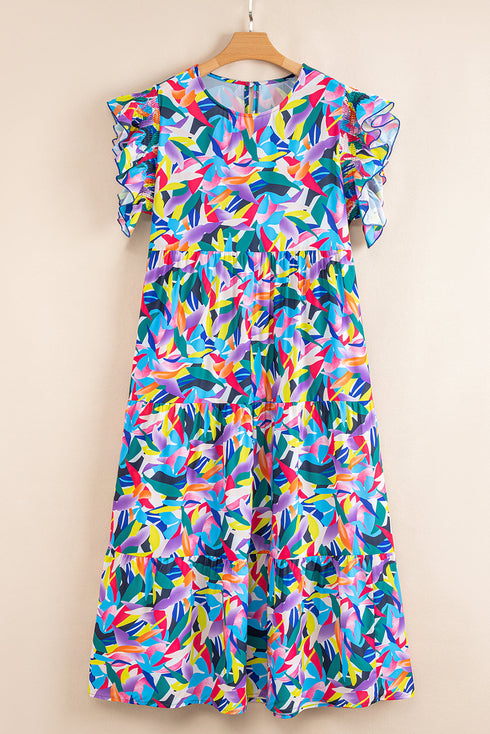 Geometric Print Tiered Ruffled Short Sleeve Maxi Dress
