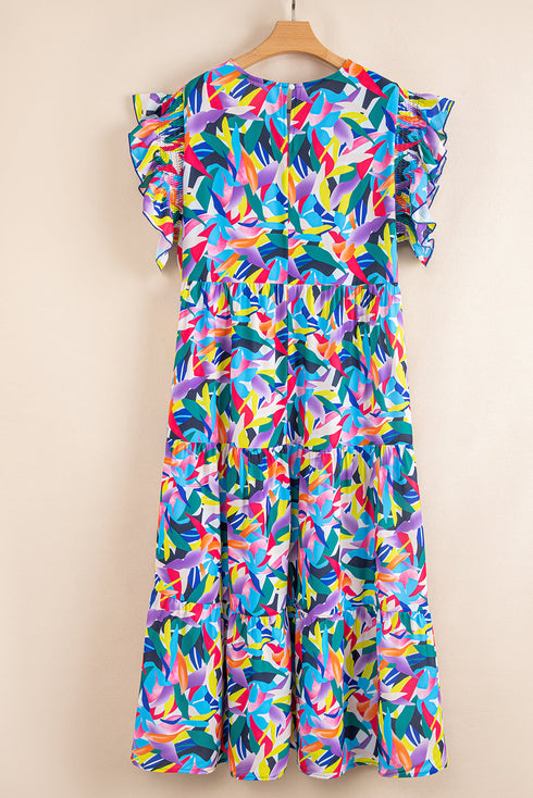 Geometric Print Tiered Ruffled Short Sleeve Maxi Dress