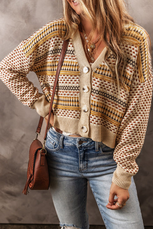 Geometric Print V Neck Button Down Cardigan
