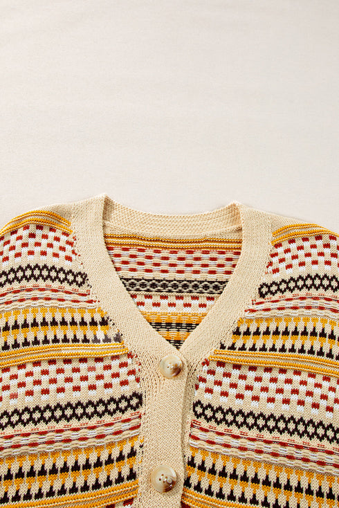 Geometric Print V Neck Button Down Cardigan