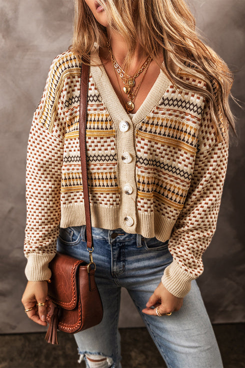 Geometric Print V Neck Button Down Cardigan