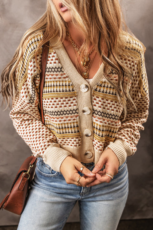 Geometric Print V Neck Button Down Cardigan