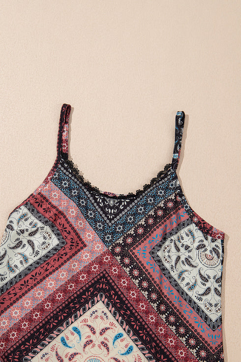 Geometric Scarf Print Lace Trim V-Neck Cami Mini Dress