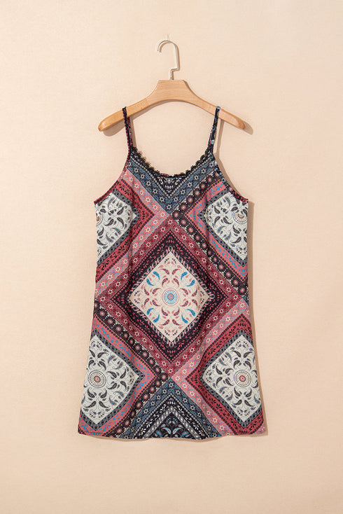 Geometric Scarf Print Lace Trim V-Neck Cami Mini Dress