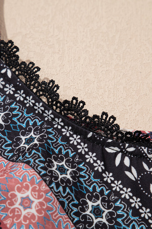 Geometric Scarf Print Lace Trim V-Neck Cami Mini Dress