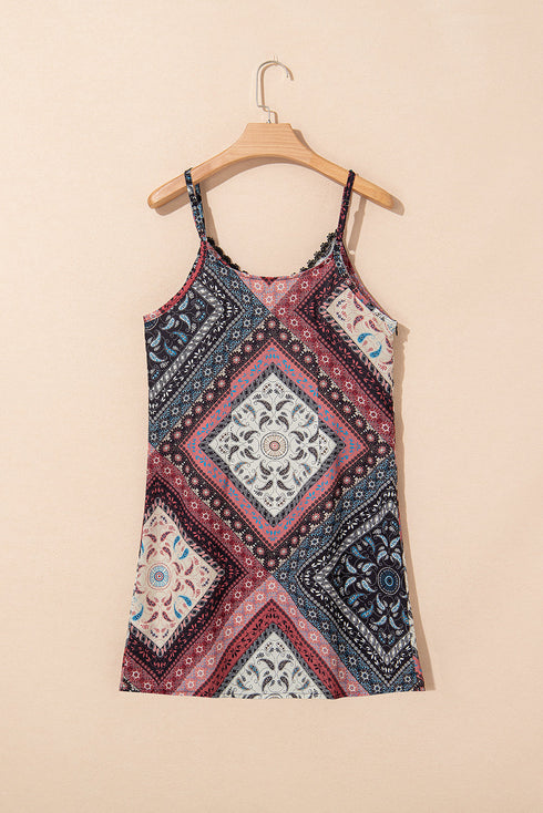 Geometric Scarf Print Lace Trim V-Neck Cami Mini Dress