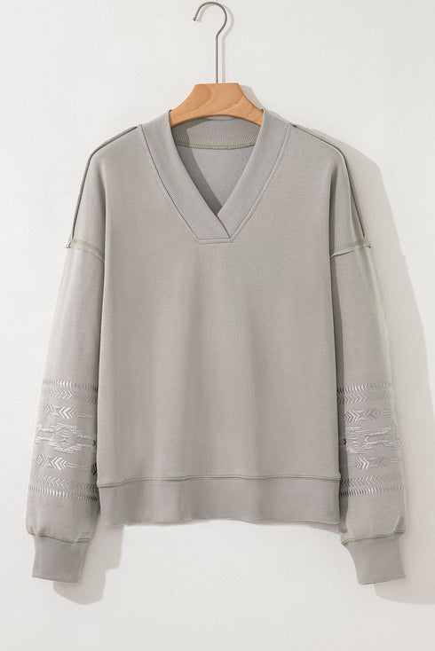 Geometric Sleeve V Neck Relaxed Fit Pullover Sweatshirt