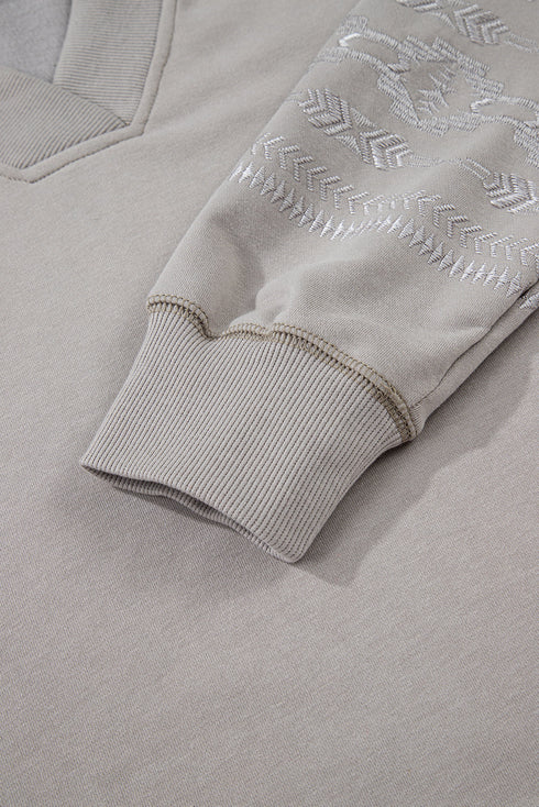 Geometric Sleeve V Neck Relaxed Fit Pullover Sweatshirt
