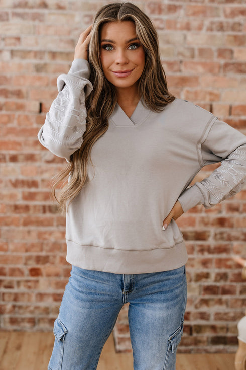 Geometric Sleeve V Neck Relaxed Fit Pullover Sweatshirt