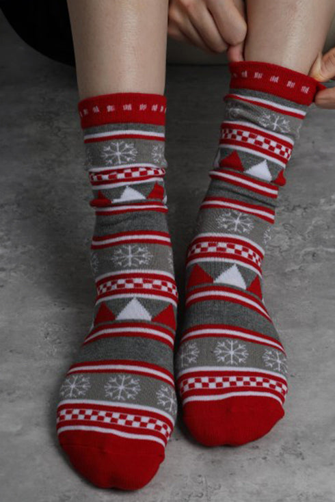Geometric Snowflake Print Striped Crew Socks