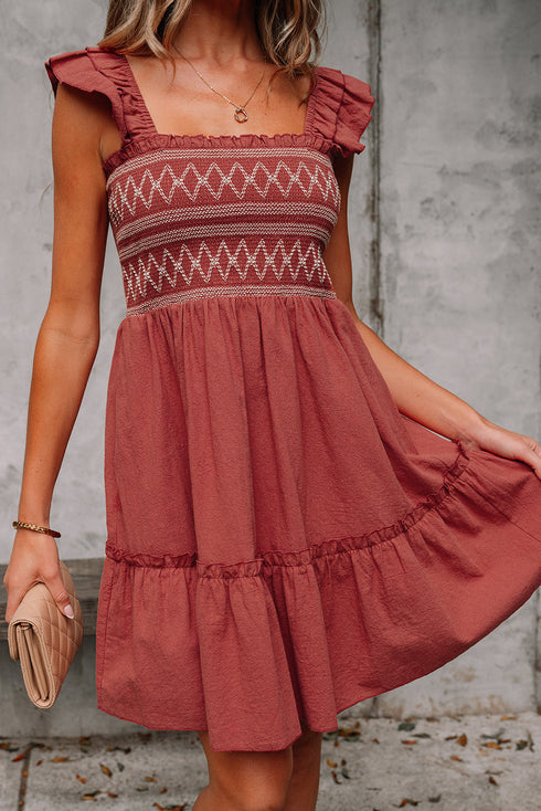 Geometric Stitch Shirred Bodice Ruffled Trim Smocked Mini Dress