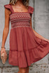 Geometric Stitch Shirred Bodice Ruffled Trim Smocked Mini Dress