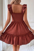 Geometric Stitch Shirred Bodice Ruffled Trim Smocked Mini Dress
