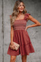 Geometric Stitch Shirred Bodice Ruffled Trim Smocked Mini Dress