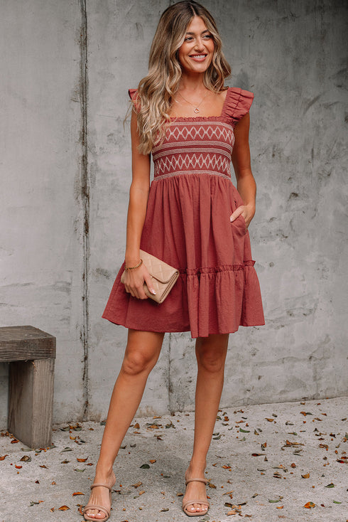 Geometric Stitch Shirred Bodice Ruffled Trim Smocked Mini Dress