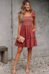 Geometric Stitch Shirred Bodice Ruffled Trim Smocked Mini Dress