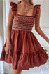 Geometric Stitch Shirred Bodice Ruffled Trim Smocked Mini Dress